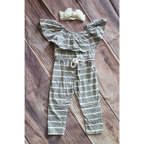Grey/white striped off shoulder romper with matching bow - Picture 1 of 5